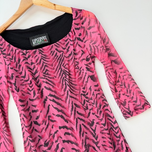Lip Service Pink Black Zebra Mesh Mini Dress 3/4 Sleeve Scoop Neck Medium 20-66 - Picture 3 of 11